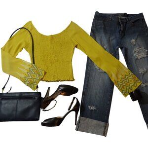 Embroidery Bell Sleeve Top with Elastic Bodice